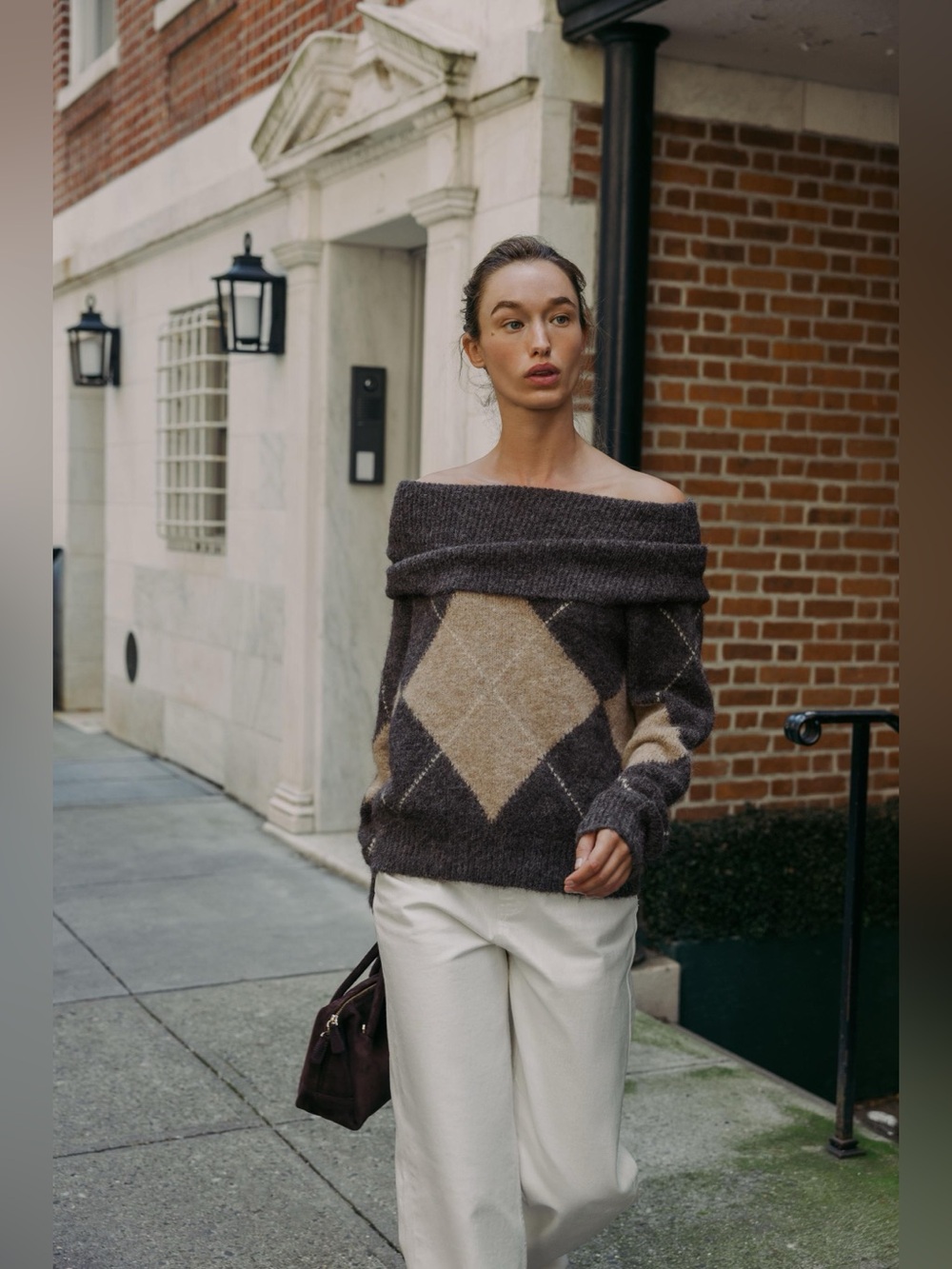ZARA ✨Viral✨ ARGYLE OFF-THE-SHOULDER KNIT SWEATER